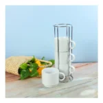 Ceramic Coffee Cups Set 4Pcs in Silver Metal Rack - Image 3