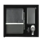 Promotional gift set with notebook, power bank, and USB in black box